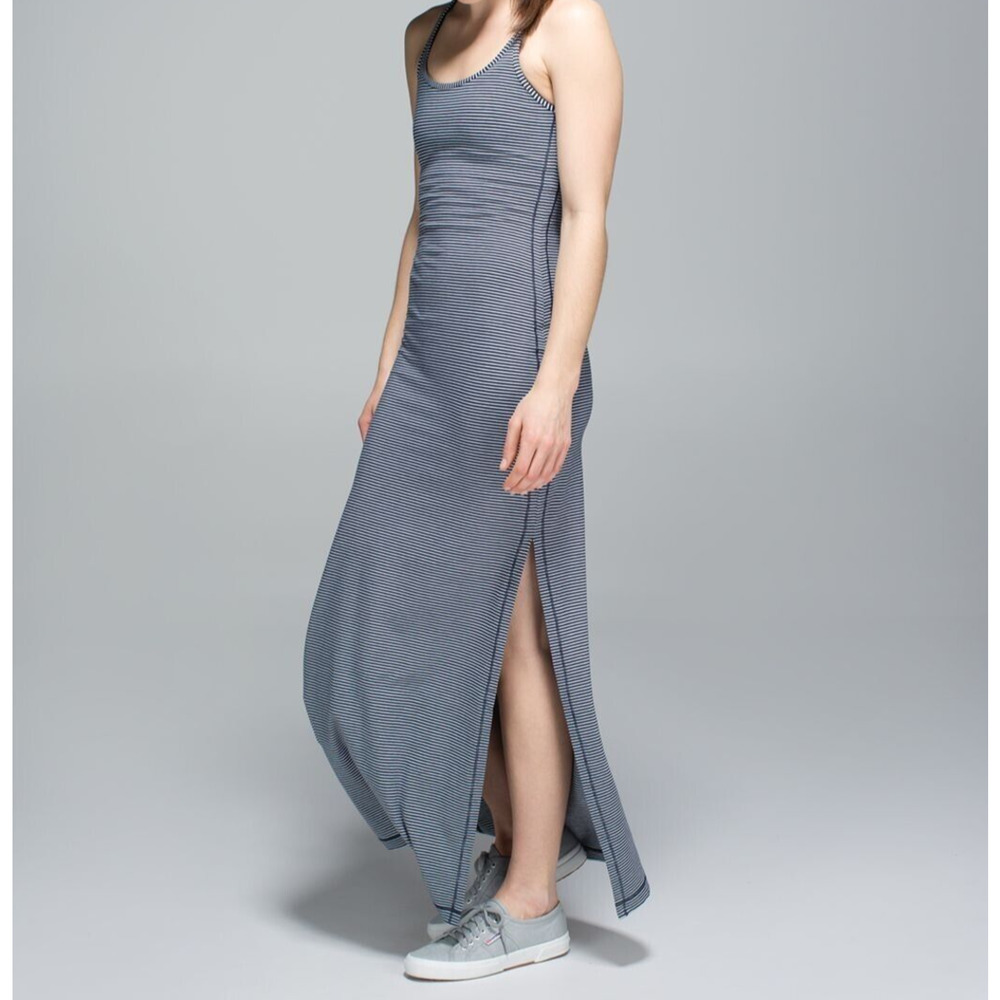 Lululemon Athletica Refresh Maxi Dress 2 Blue White Striped High Side Slits